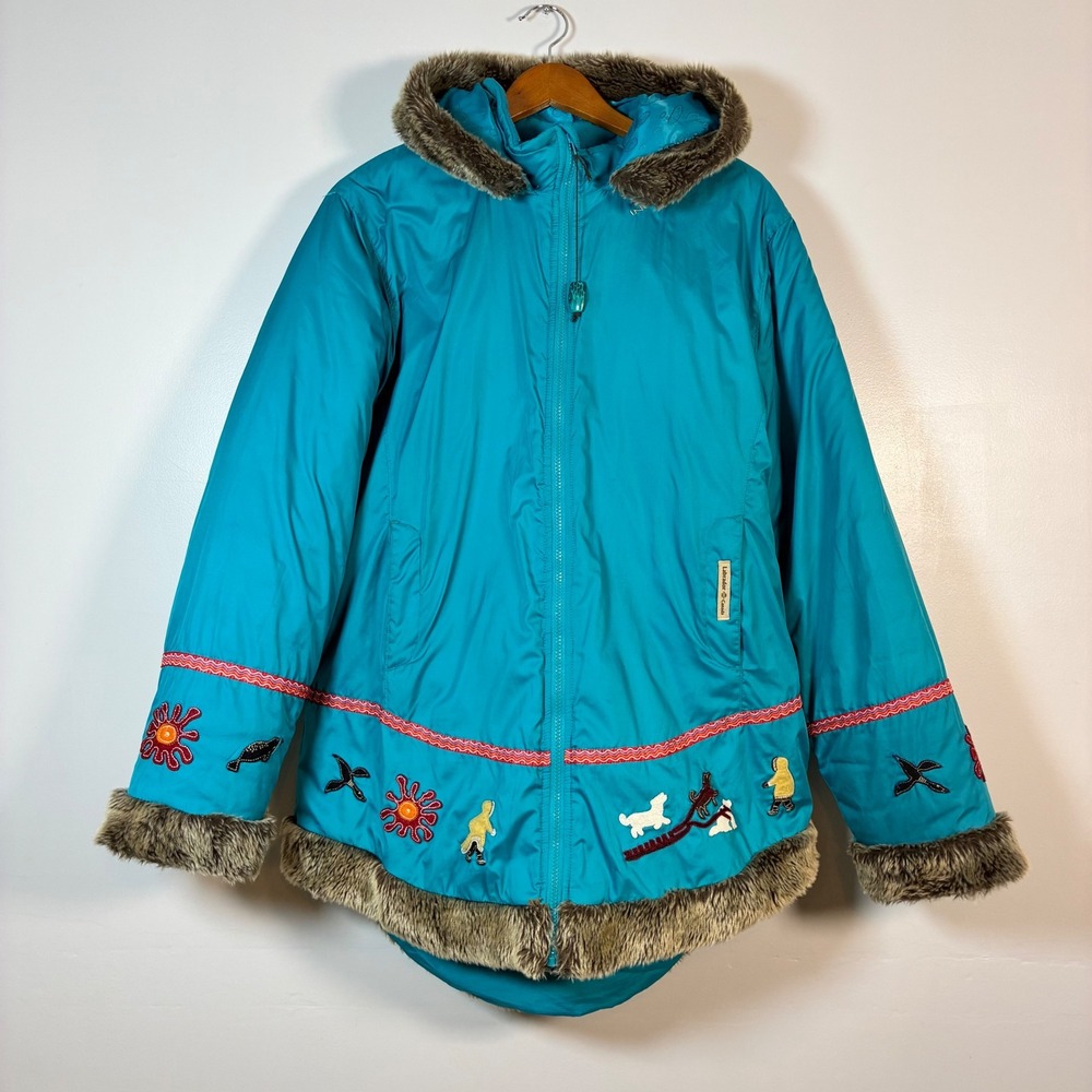Vtg Authentic INUK Coat Labrador Canada Parka Faux Fur Trim Embroidered Retro